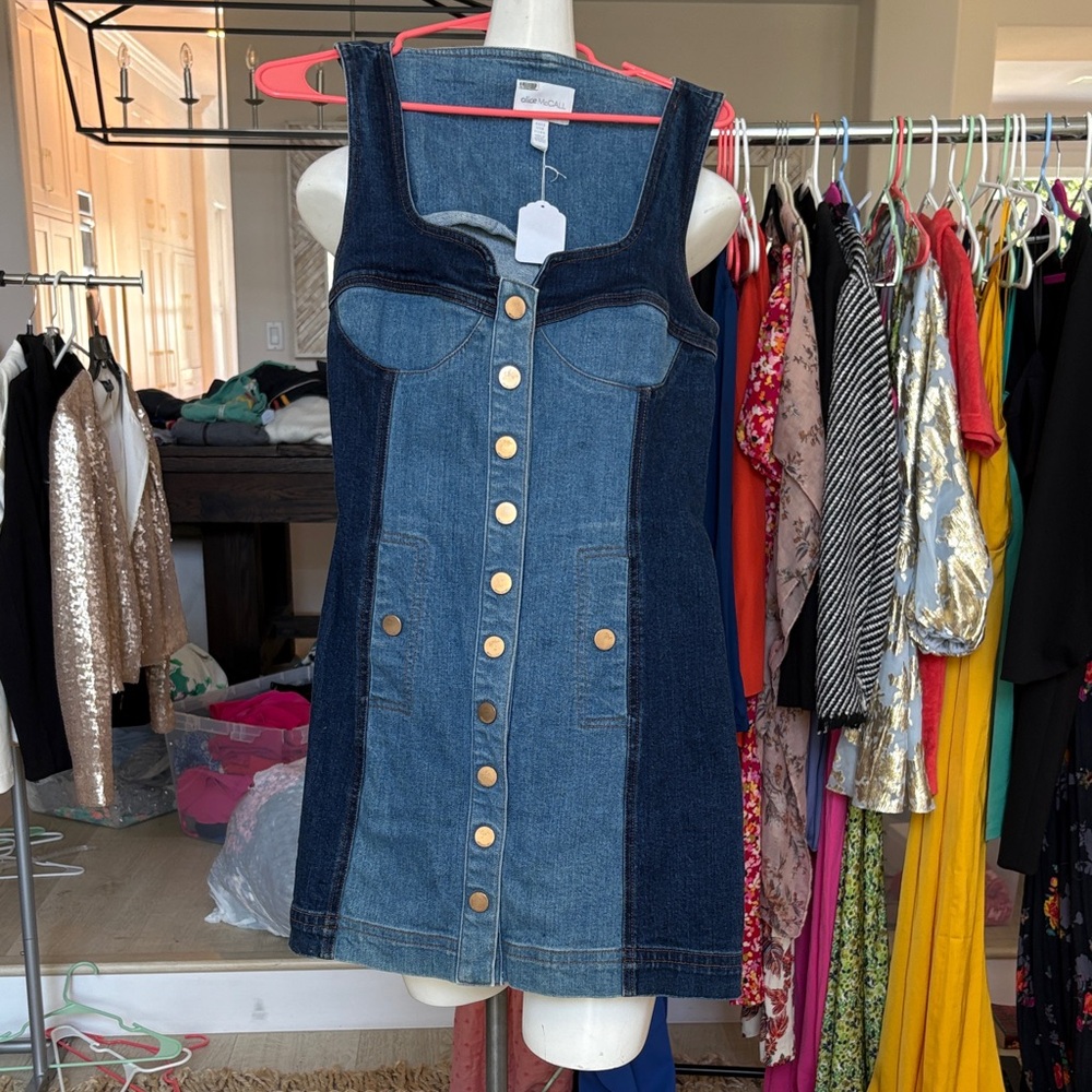 Alice McCall Two-Tone Denim Button Front Mini Dress — Dark & Light Blue